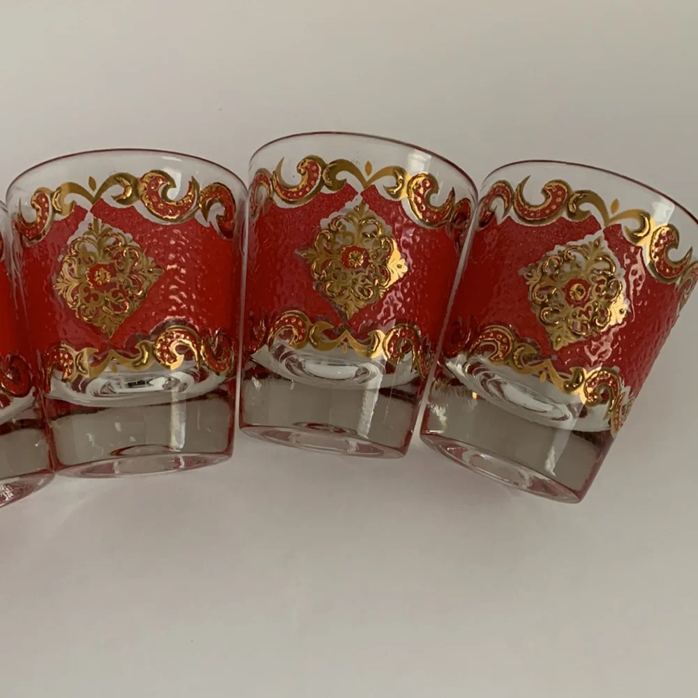 VTG Starlyte Barware Shot Glasses Signed Red and Gold Textured Design Set Of Six